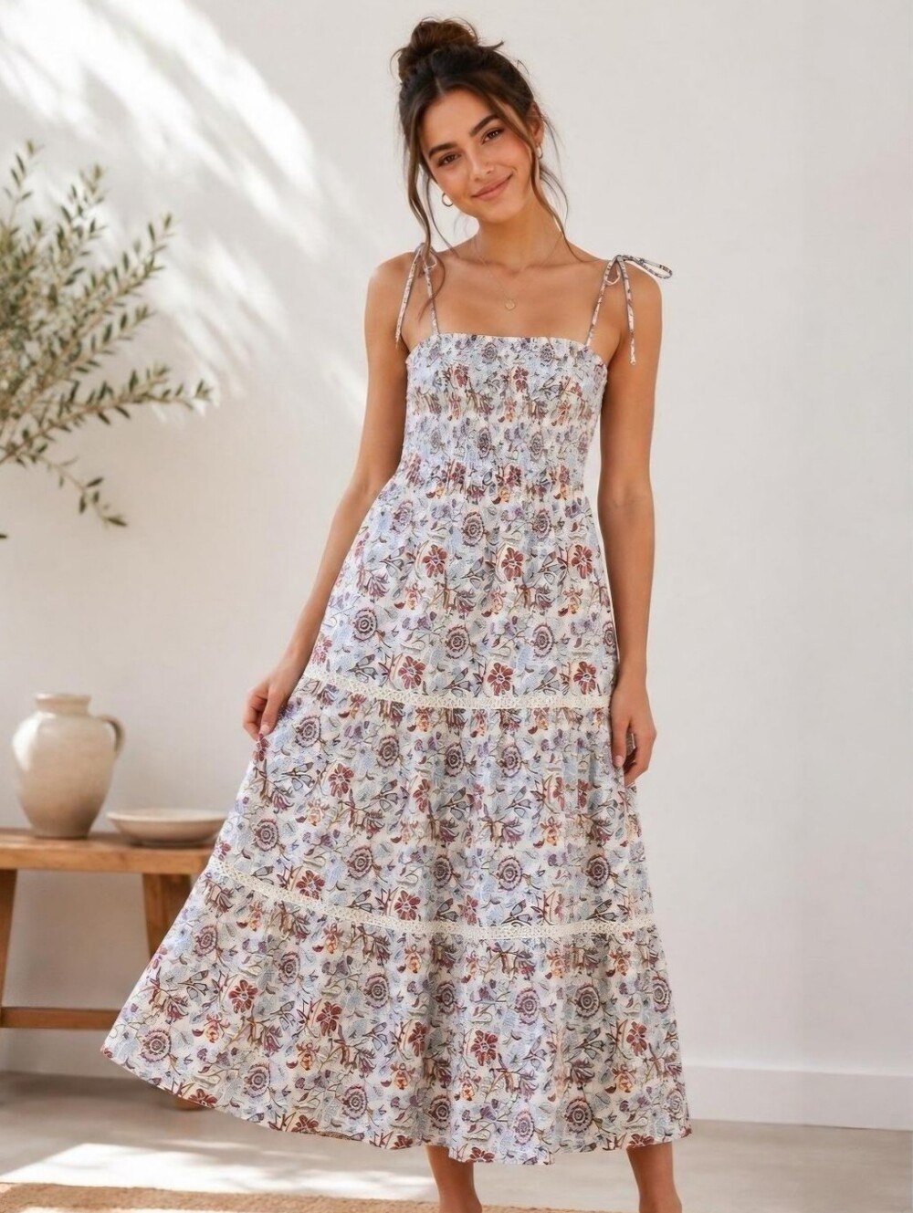 Roller Rabbit White Floral Maxi Dress with Rust and Blue Accents